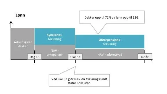 Graf over hvem som dekker lønnen når man blir syk. Økonomi hvis jeg blir syk