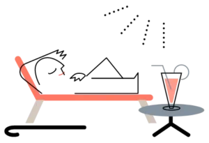 Mann på solseng med drikke. Har han valgt å bli privatkunde hos Duvi?